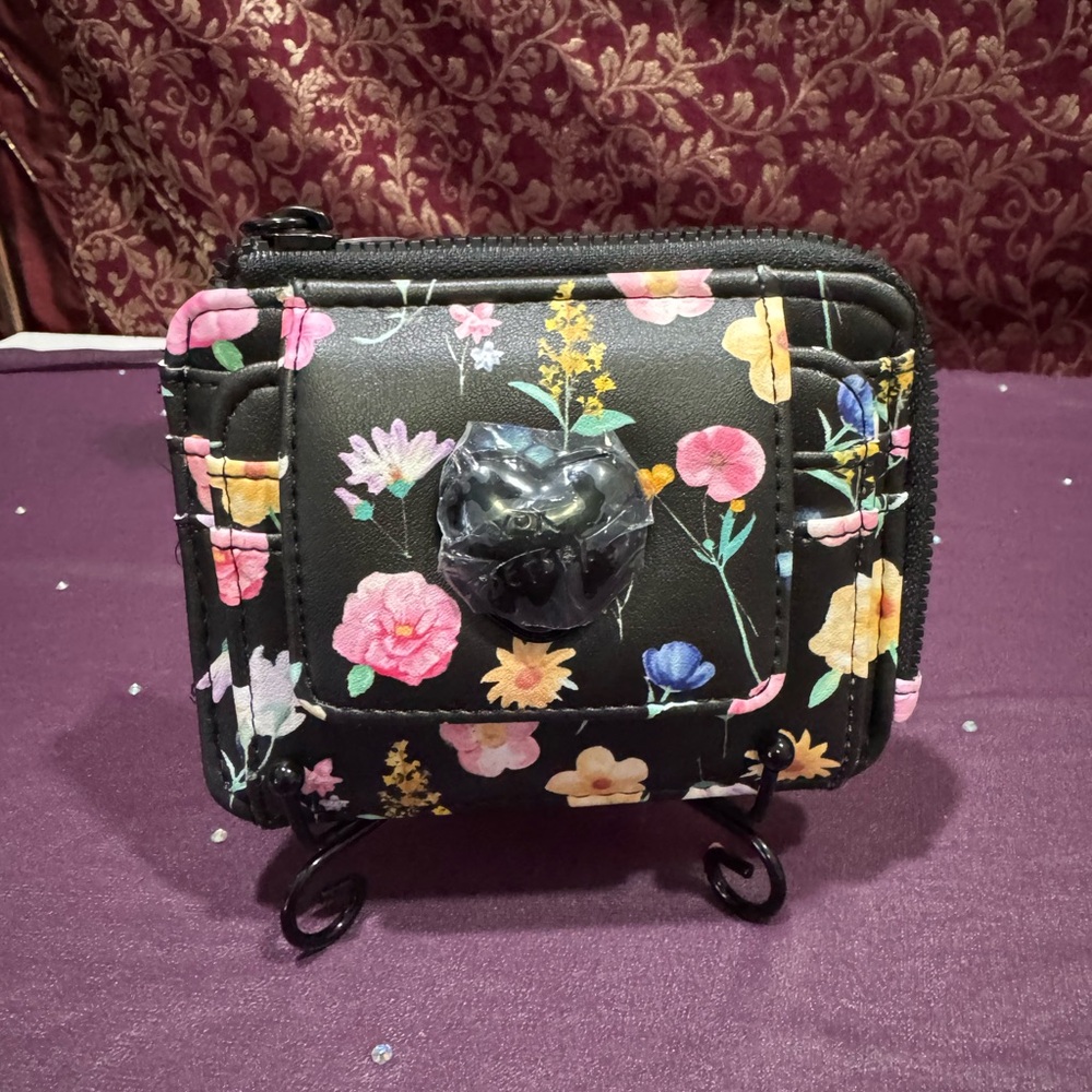 Betsey Johnson Black Floral Wallet with Pink and Yellow Rose Accent